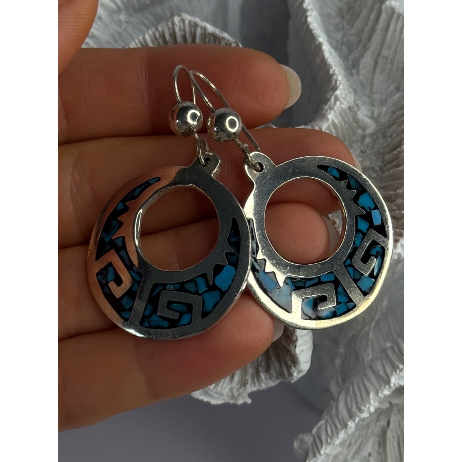 Vintage Mexico 925 Sterling Silver Turquoise Earrings Length 2 Inch
